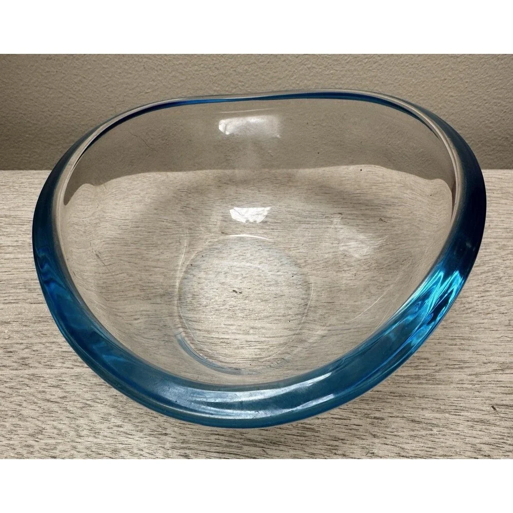 Holmegaard Selandia Style Art Glass Bowl Blue Rim Tri-Corner 7